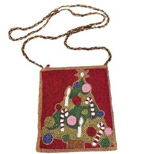C Marie Collections Beaded & Satin Red Christmas Tree Cross Body Coin Purse 
